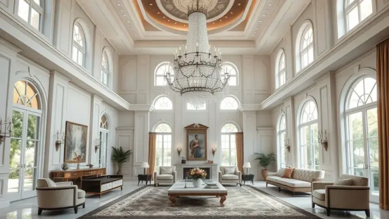 Sala de estar luxuosa com lustre de cristal imponente e pé direito duplo.