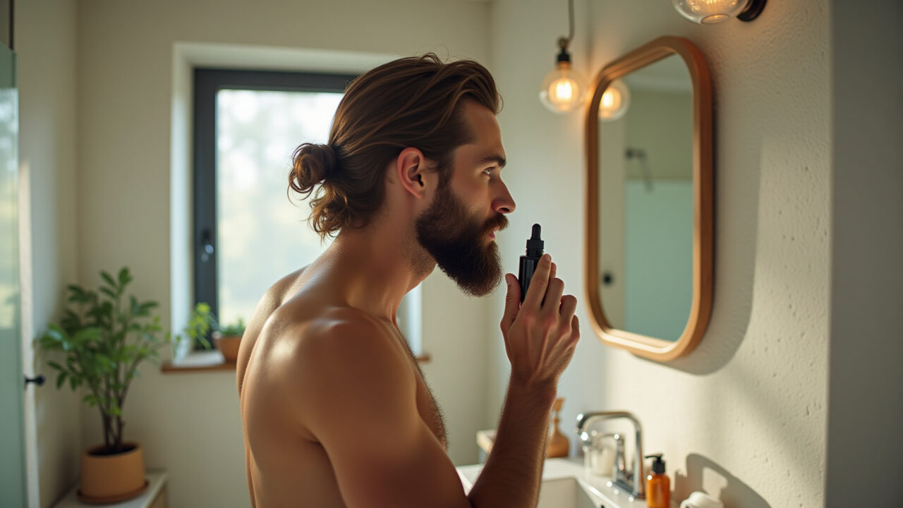 Homem cuidando da barba com óleo, presente de beleza.
