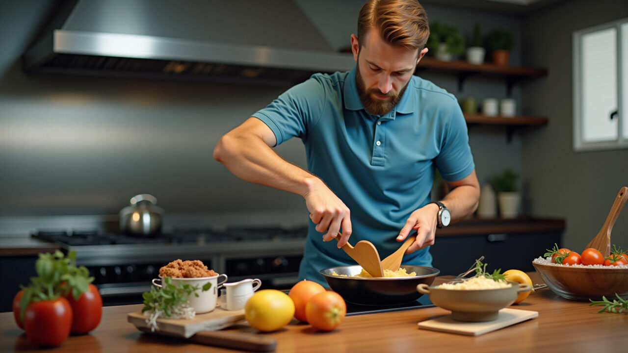 Homem cozinhando com utensílios novos, presente para chefs.