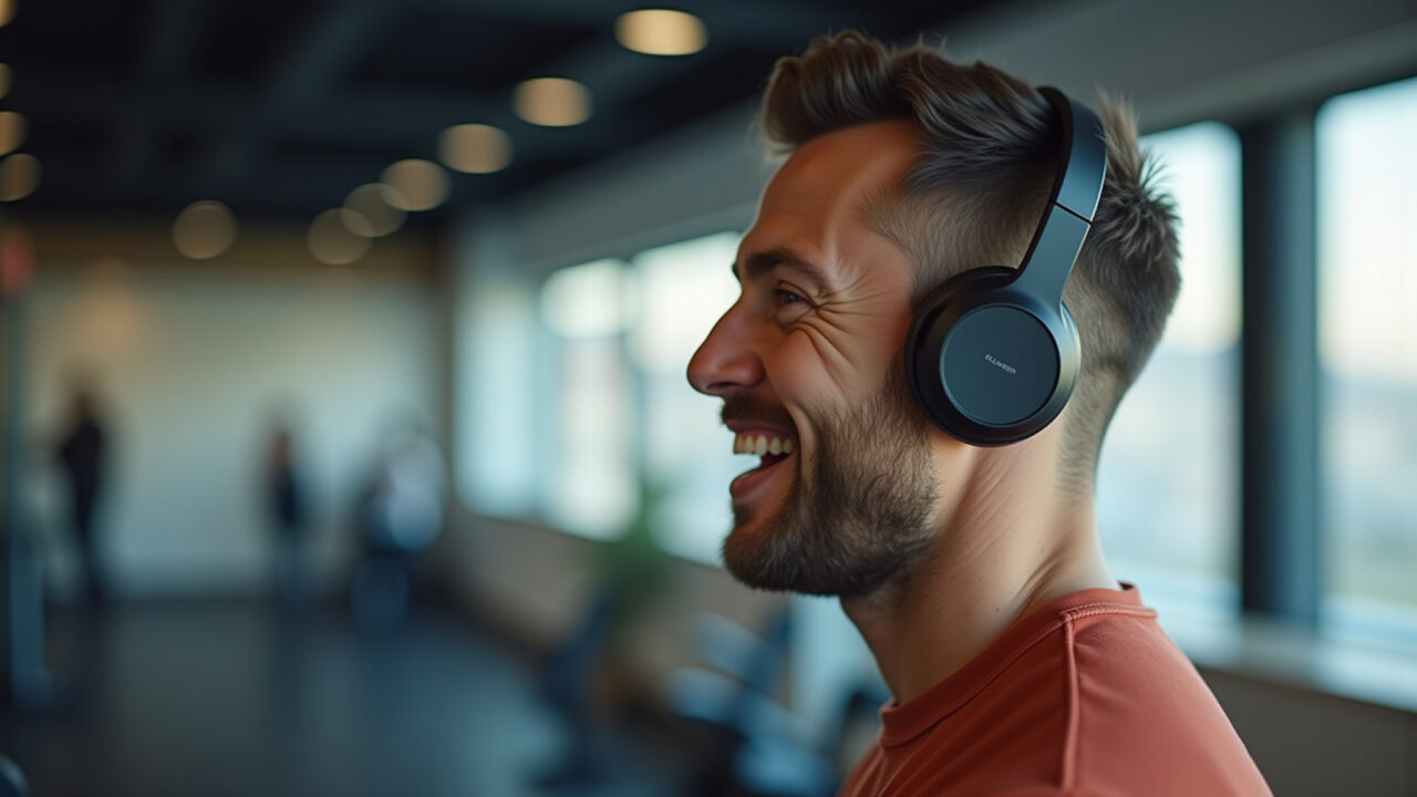 Homem usando fones Bluetooth novos na academia, presente tecnológico.