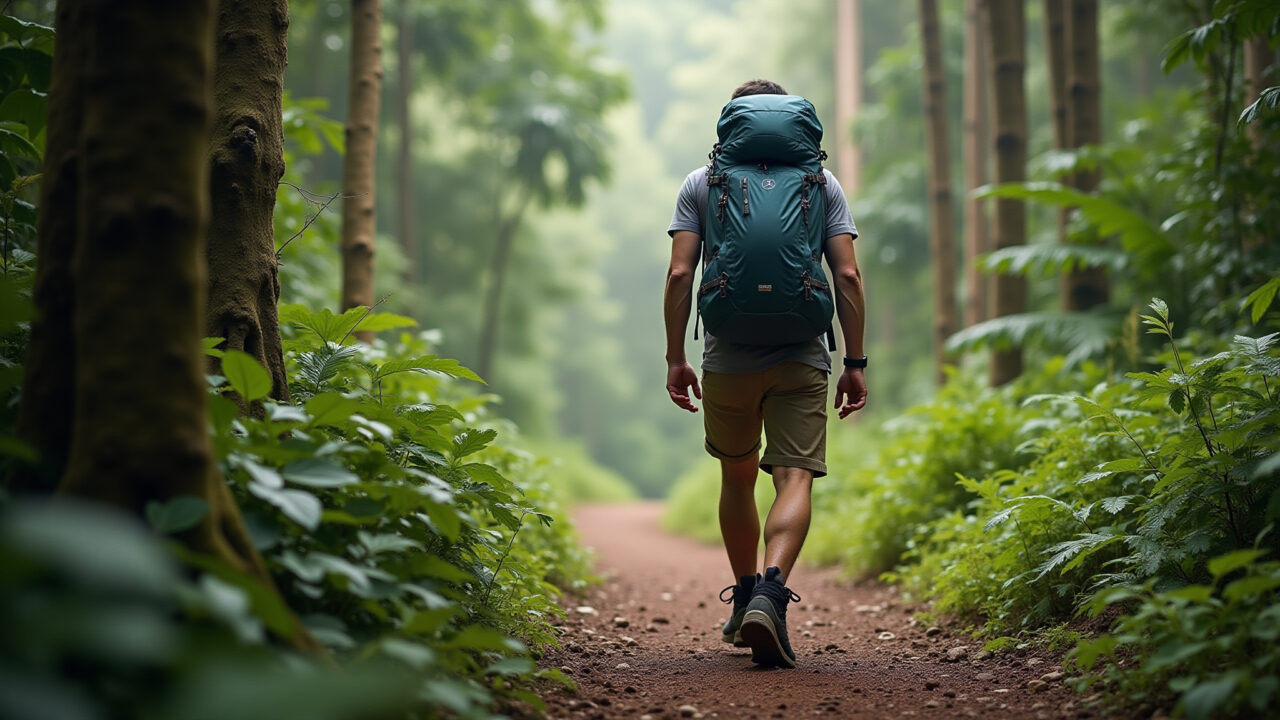 Homem fazendo trilha com mochila nova, presente para aventureiros.