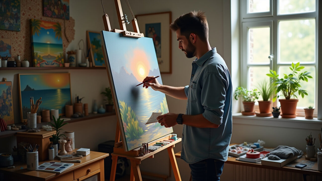 Homem pintando com materiais de arte novos, presente criativo.