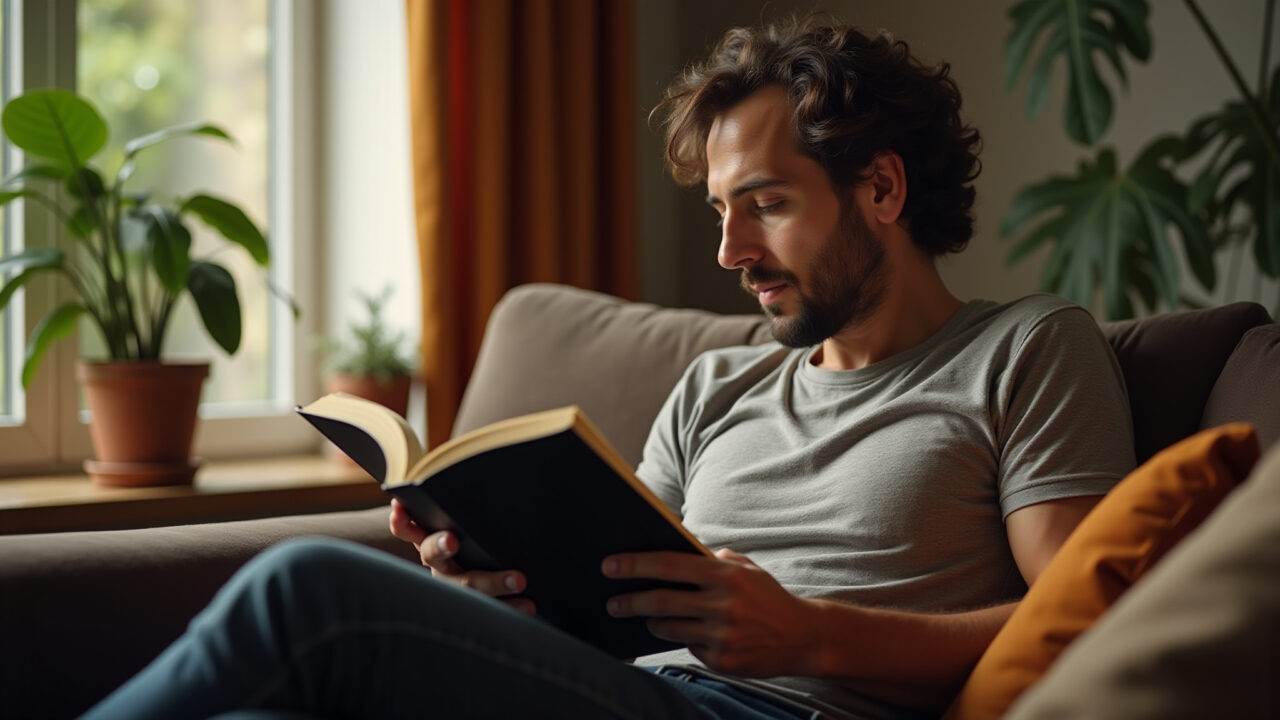 Homem lendo livro em sala aconchegante, presente intelectual.