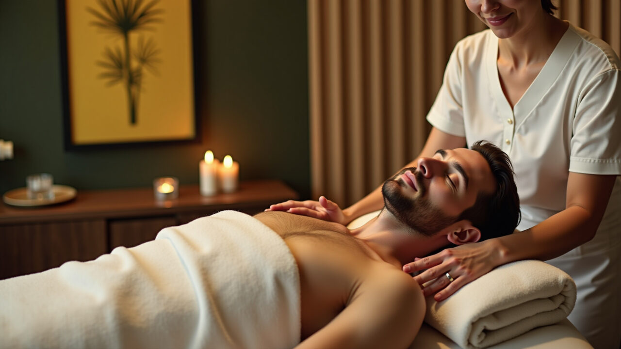 Homem relaxando com massagem, presente de bem-estar.