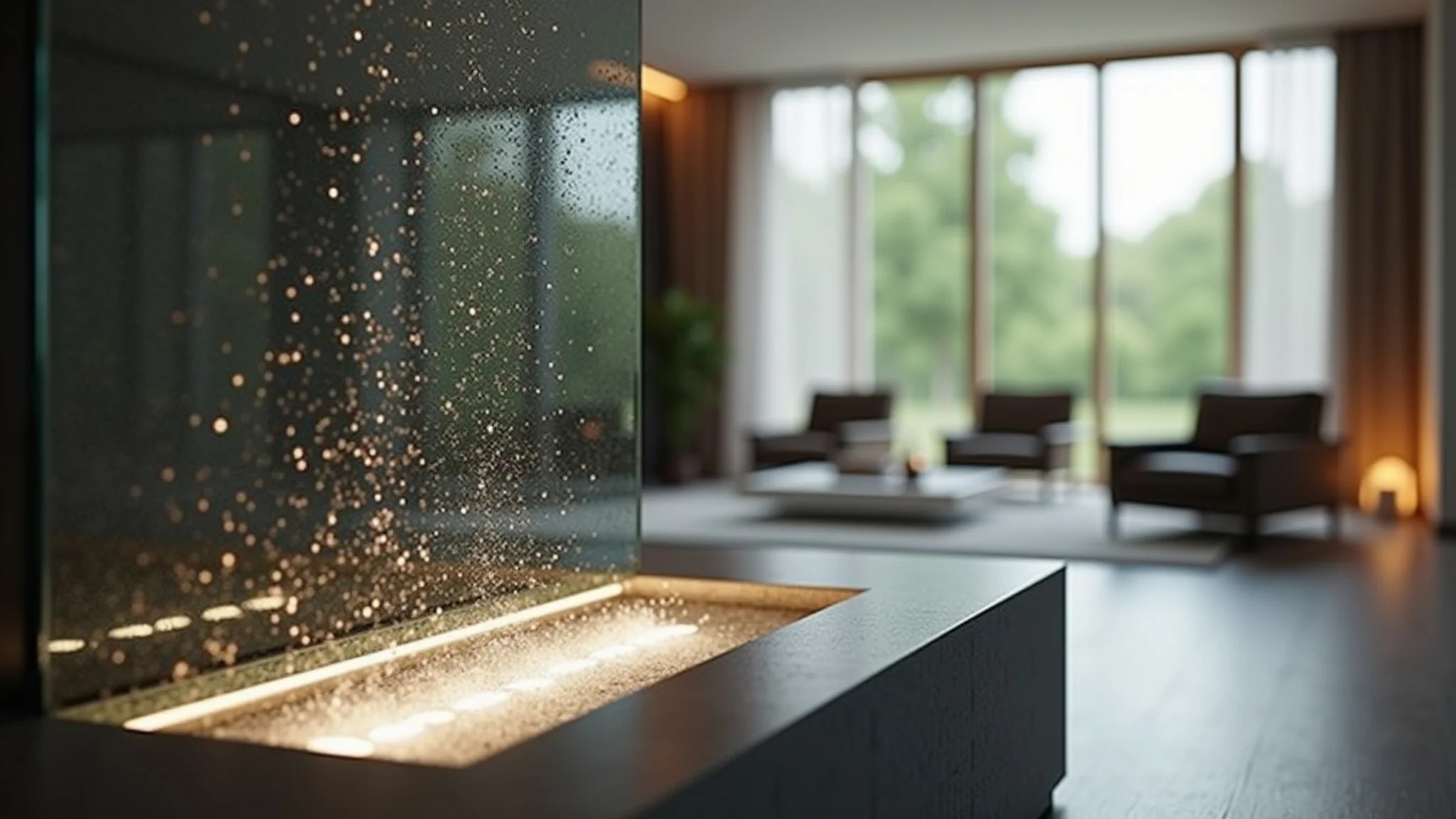 Sala minimalista com fonte de água de vidro e iluminação LED suave.