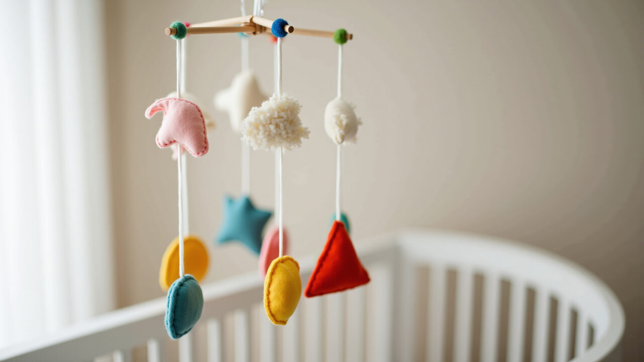 Móbile decorativo de feltro colorido em quarto de bebê.