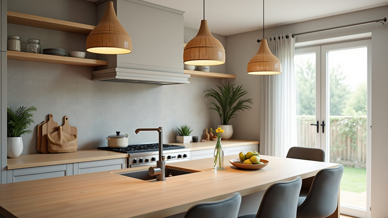 A modern and functional kitchen featuring bamboo pendants over the counter, creating a light and Cozinha moderna com pendentes de bambu sobre a bancada.