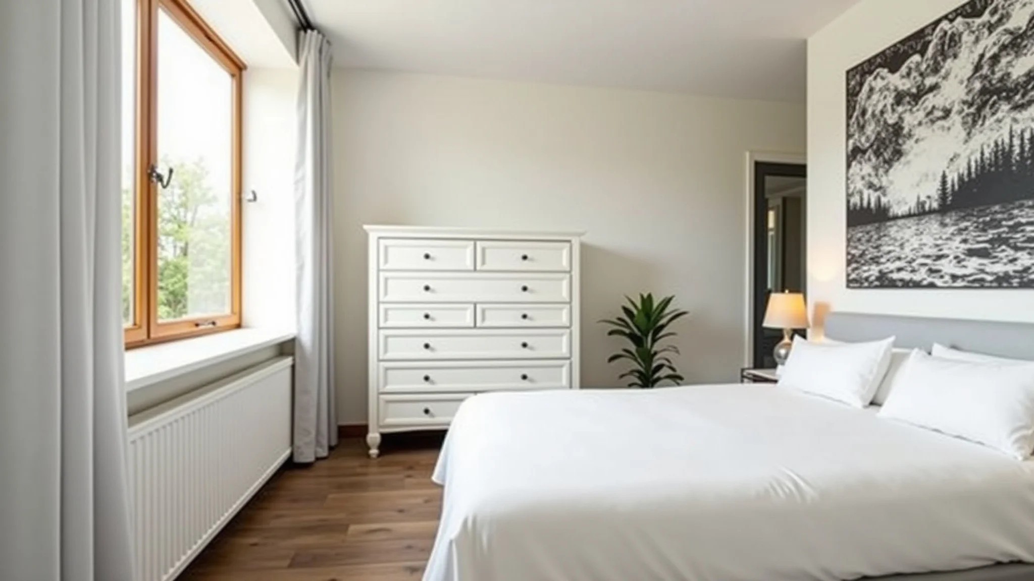 Quarto moderno com cômoda branca, design minimalista e iluminação clara.