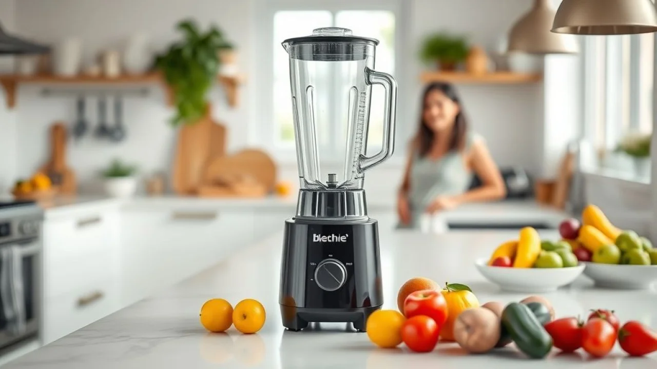 A modern black blender on a kitchen counter in a bright, contemporary Brazilian kitchen. Liquidificador moderno em cozinha brasileira. Suco rápido e fácil.