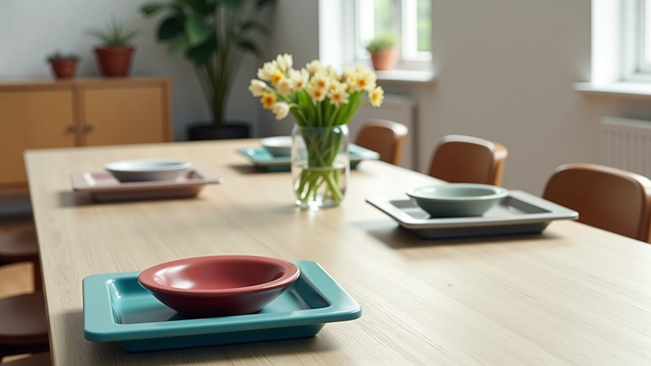 A modern dining table with square plates in various colors, minimalist design, natural lighting, Mesa de jantar moderna com pratos quadrados coloridos.