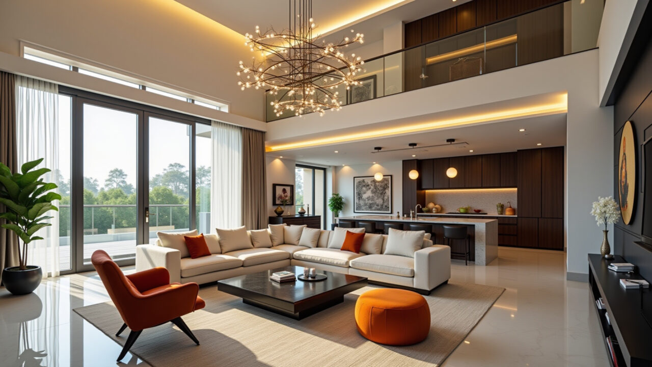 A modern double height chandelier in a luxurious living room, high ceiling, natural light, elegant Lustre moderno para pé direito duplo em sala de estar luxuosa.