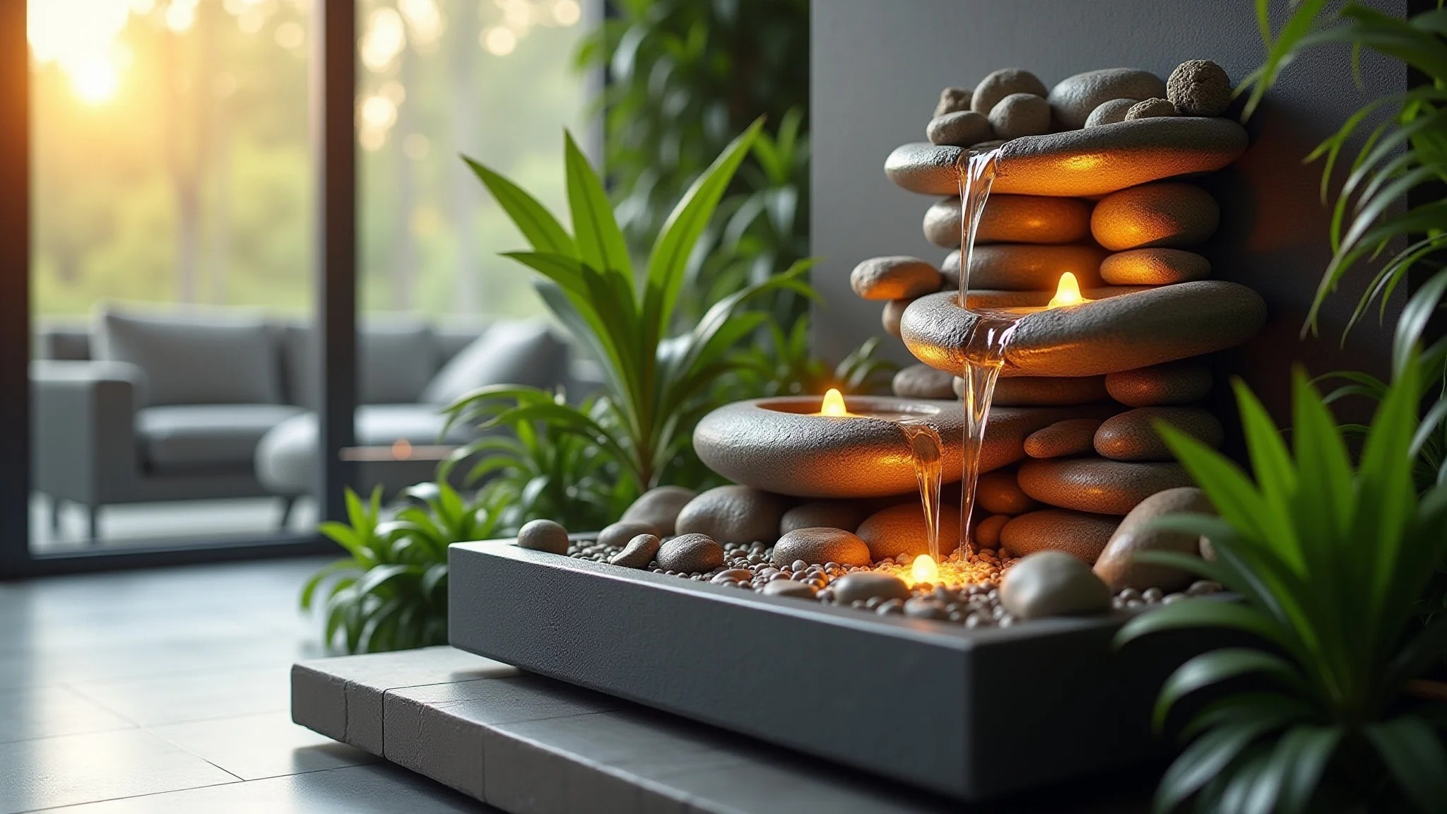 Sala moderna com fonte de água decorativa, pedras naturais e plantas, iluminação suave.