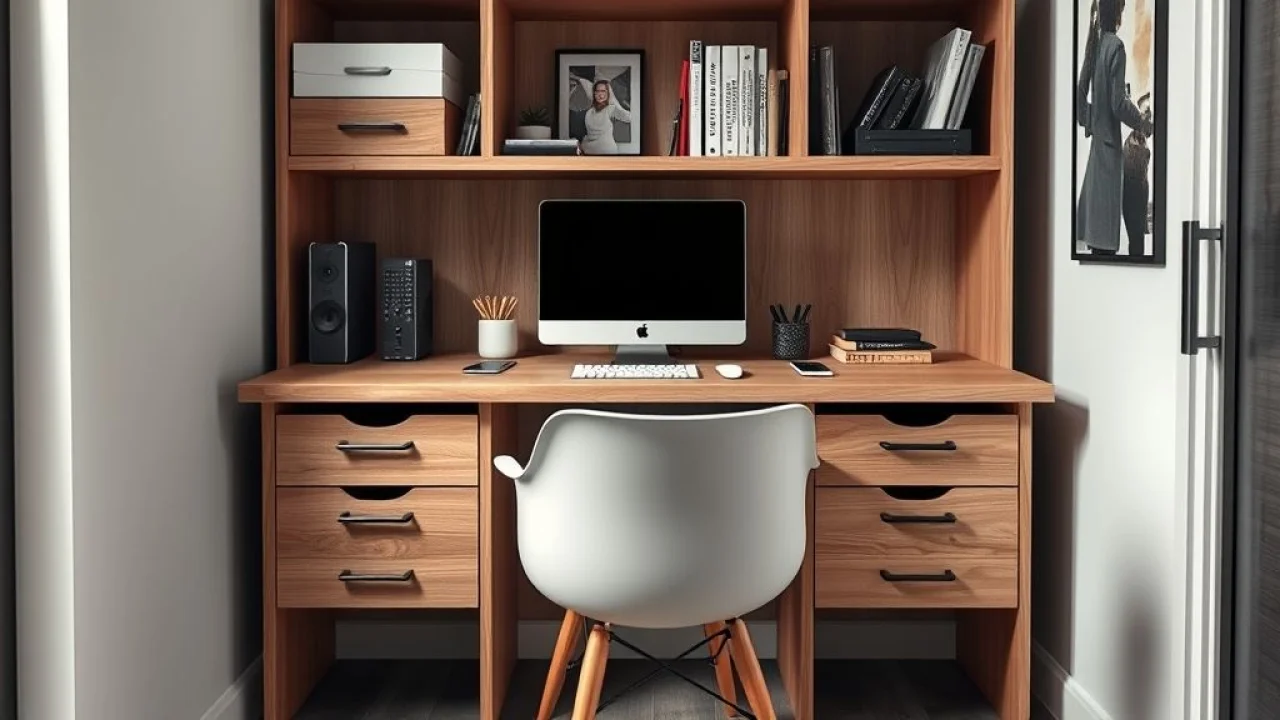 Mesa multifuncional com gavetas embutidas para home office pequeno.