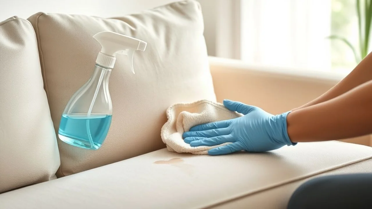 A person carefully spot-cleaning a stain on a light-colored cotton sofa with a soft cloth and a Limpeza de mancha em sofá de algodão com pano e produto de limpeza.
