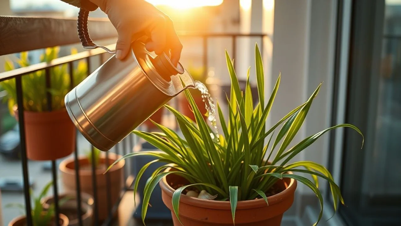 A person watering a garlic plant in a pot on a sunny Brazilian balcony. Lifestyle photography, Regando alho plantado em vaso sob a luz do sol.