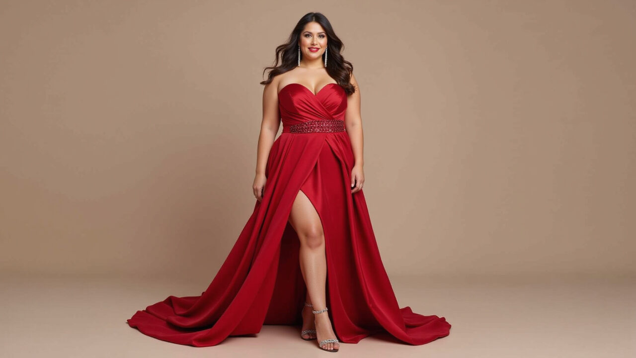 Noiva plus size em vestido de casamento vermelho valorizando as curvas.