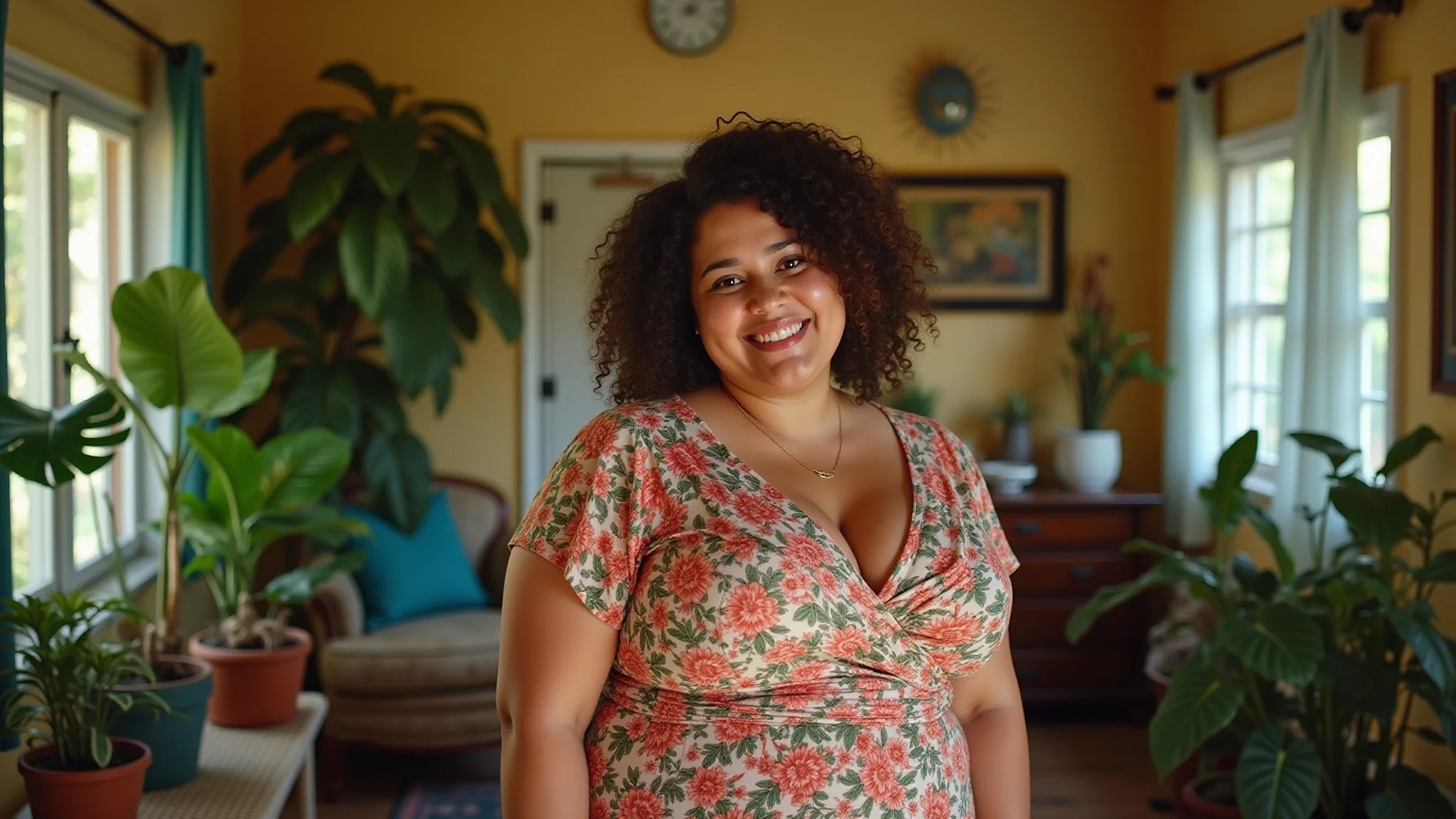 Mulher plus size com vestido floral anos 60 em casa brasileira.