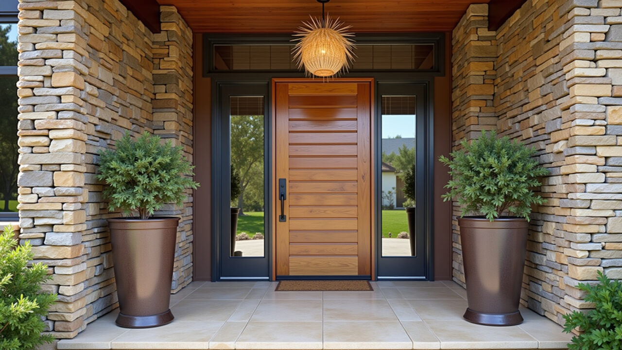 A rustic yet elegant entryway featuring a rush lamp, welcoming guests with its natural and Hall de entrada rústico com luminária de junco.