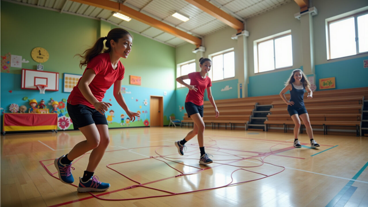 A school gymnasium prepared for a Children's Day themed obstacle course, teachers are testing the Ginásio escolar preparado para gincana temática do Dia das Crianças.