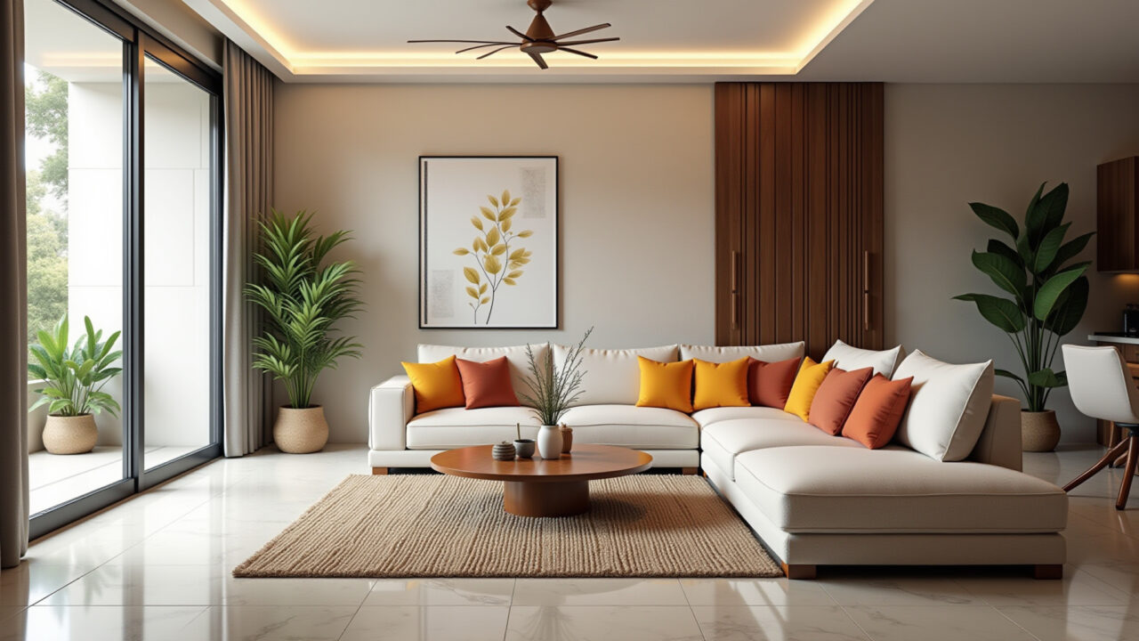 Sala de estar com cores neutras e detalhes coloridos.