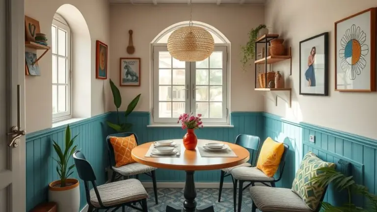 Sala de jantar pequena e vibrante com mesa redonda, decoração colorida e soluções inteligentes para otimizar o espaço.