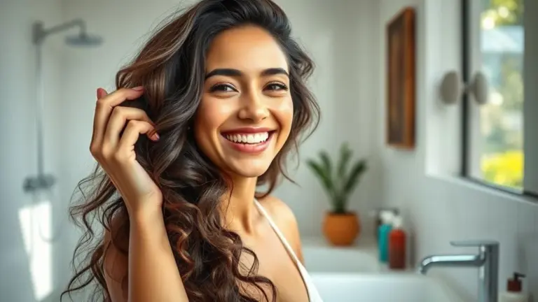 Mulher brasileira sorrindo, usando produtos para dar volume ao cabelo em banheiro moderno e iluminado.