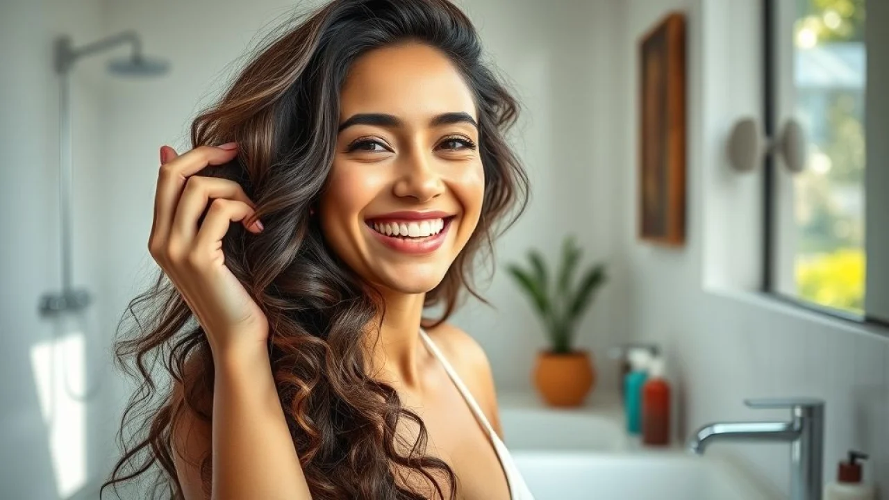 Mulher brasileira sorrindo, usando produtos para dar volume ao cabelo em banheiro moderno e iluminado.
