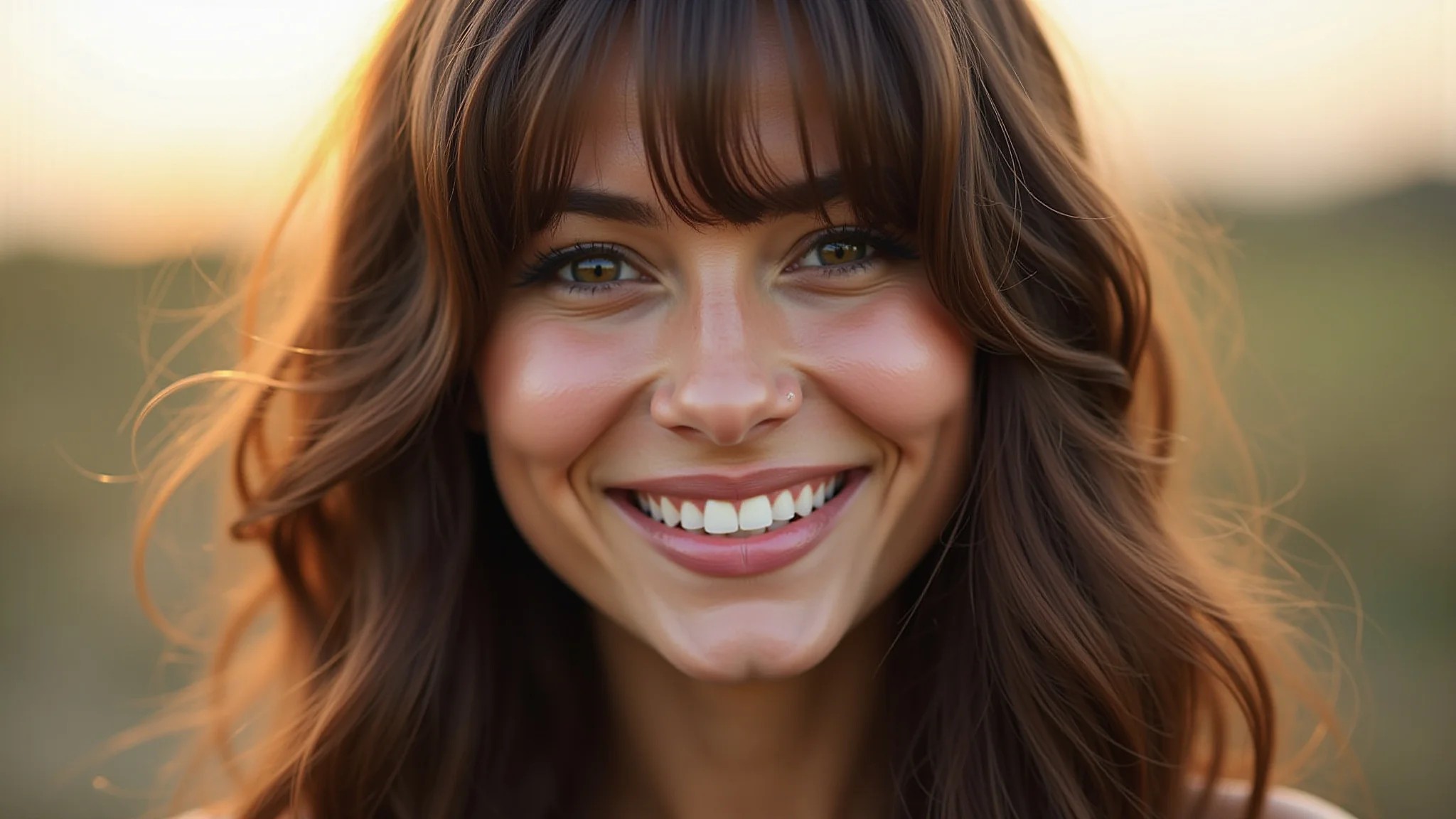 Mulher sorrindo com rosto oval, cabelo longo em camadas e franja cortina, realçando a beleza natural.