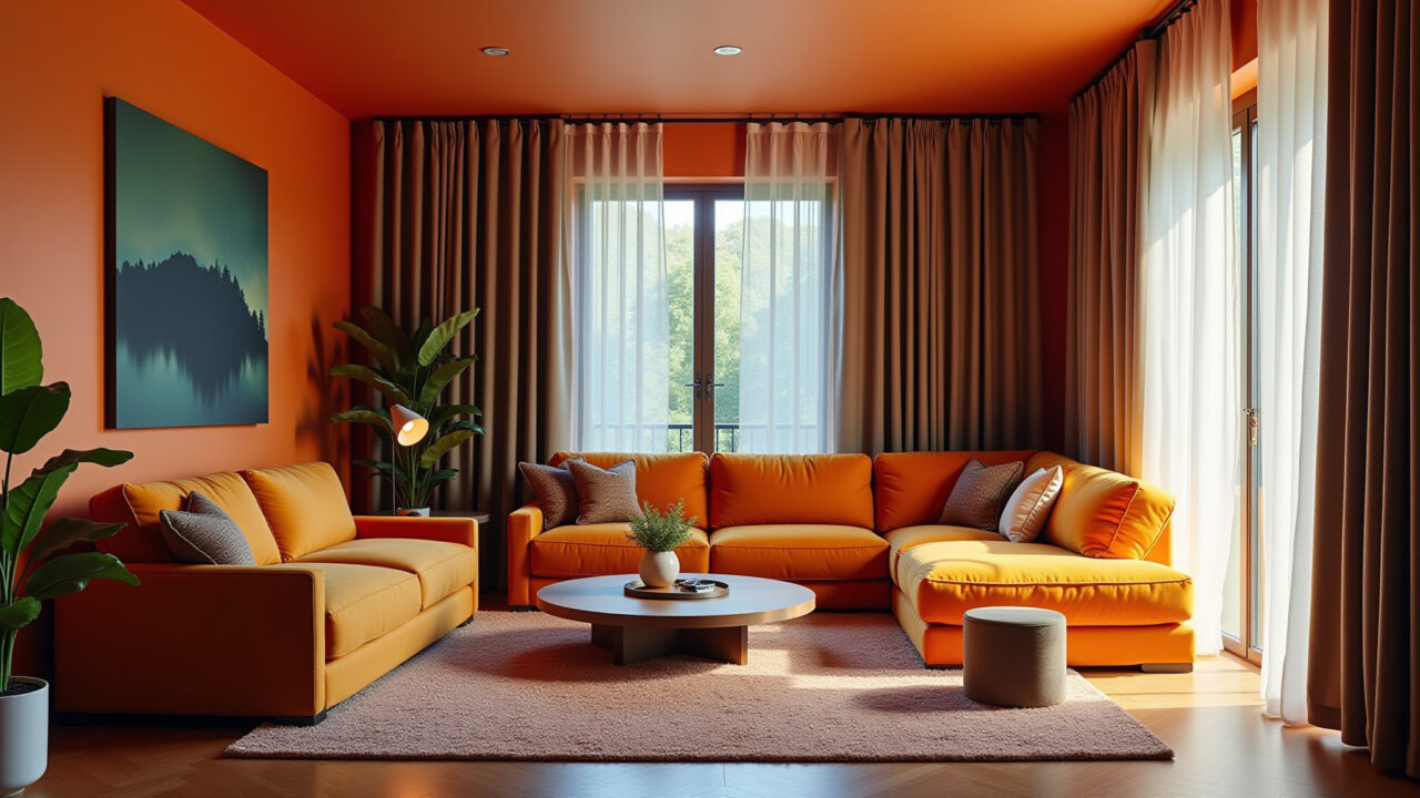 Sala de estar com pontos de destaque em cores fortes.