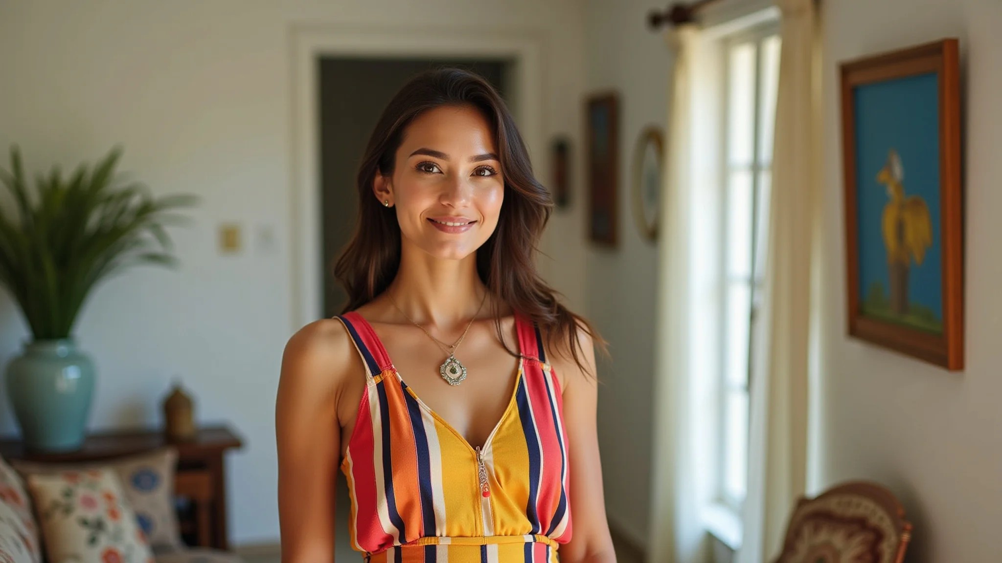 Mulher estilosa com vestido listrado verticalmente em casa brasileira iluminada.
