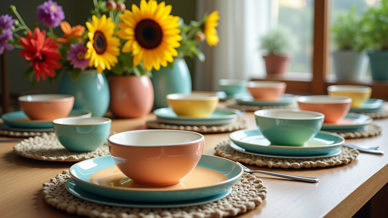 A table setting with a modern porcelain dinnerware set, featuring colorful Brazilian design Mesa posta com aparelho de jantar moderno e design brasileiro.