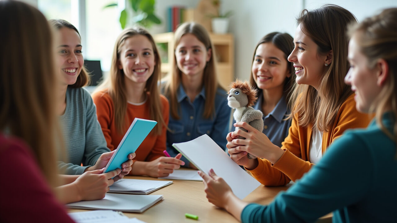 A teacher using puppets to tell stories to a group of teachers, professional photography, 8K Professora contando histórias com fantoches para o Dia das Crianças.