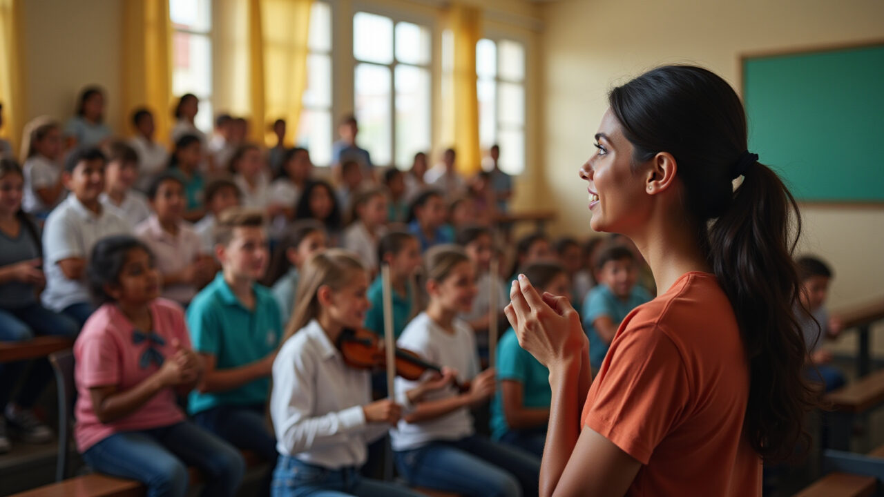 Professor assistindo a apresentação musical de alunos.