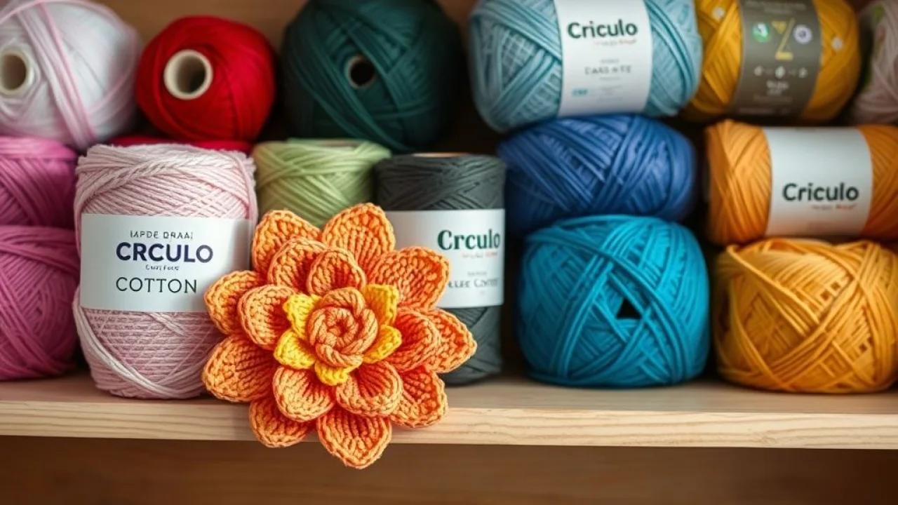 A variety of colorful yarn spools (cotton, barbante, lã, fio de malha) arranged neatly on a wooden Variedade de fios para crochê: algodão, barbante, lã, fio de malha, com flores.