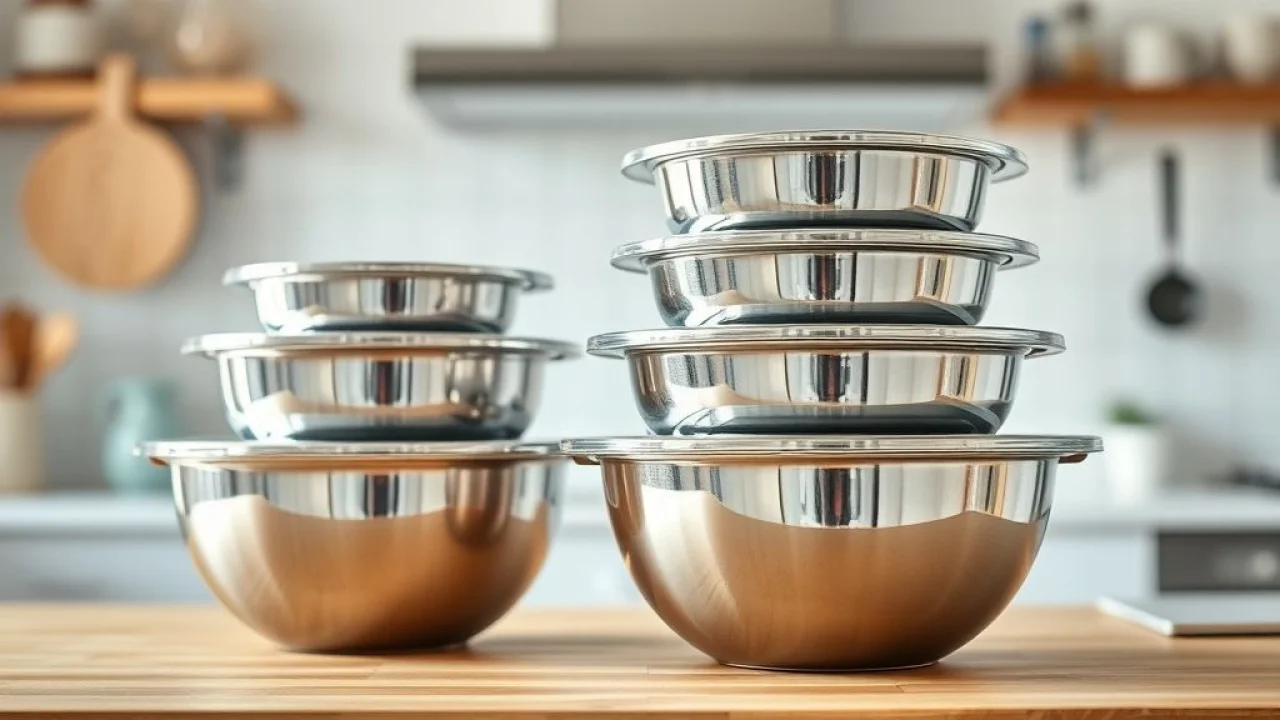 A variety of stainless steel and glass bowls of different sizes stacked neatly in a modern Tigelas de vidro e inox, tamanhos variados. Ideais para misturar e servir.
