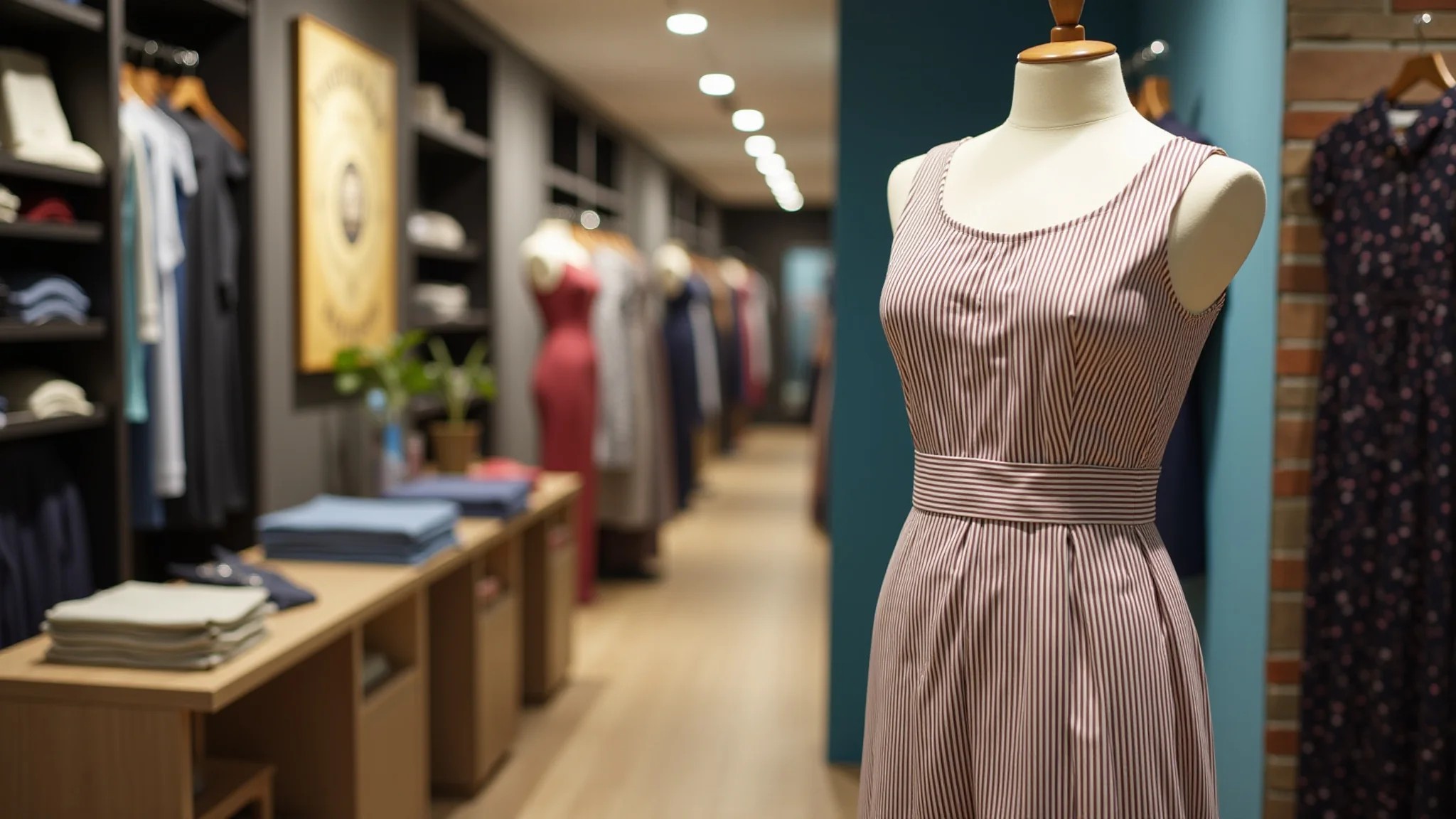 Vestido listrado verticalmente exposto em boutique brasileira moderna.