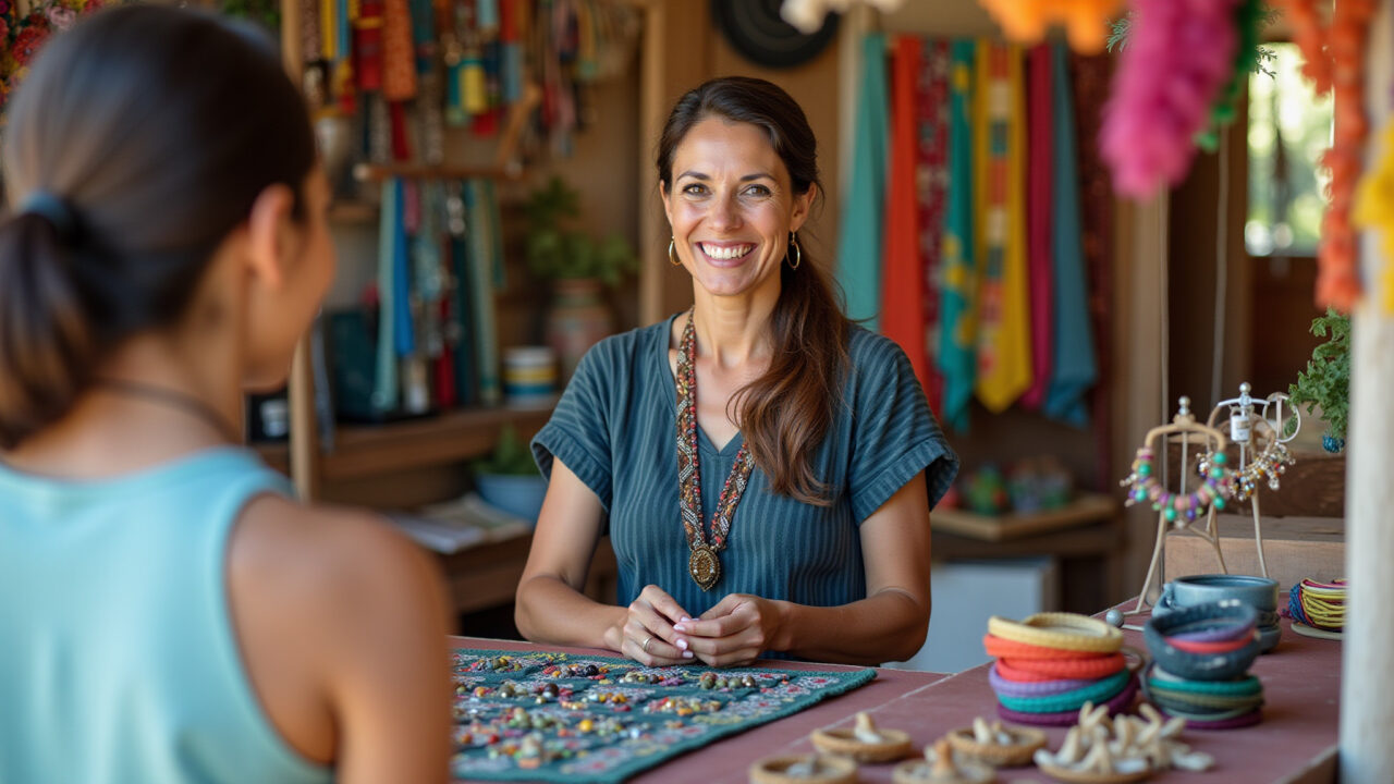 Stand vibrante de artesanato em feira brasileira, com joias coloridas.