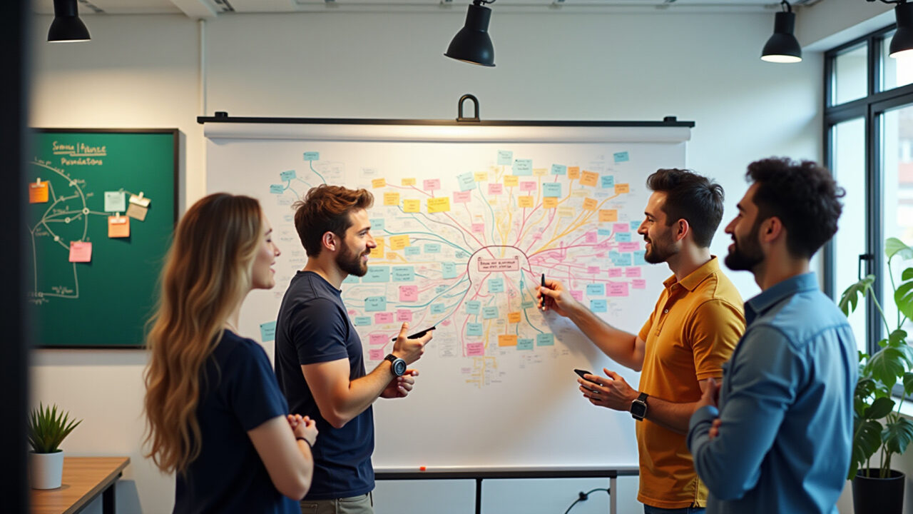 Grupo diverso criando mapa mental em brainstorming.