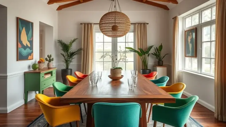 Mesa de jantar retangular de madeira com cadeiras coloridas em sala vibrante com design brasileiro.