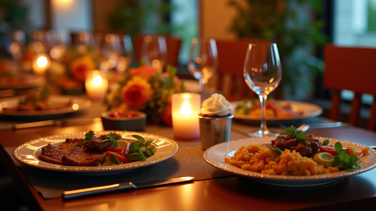 Mesa de jantar festiva para aniversário com culinária brasileira.