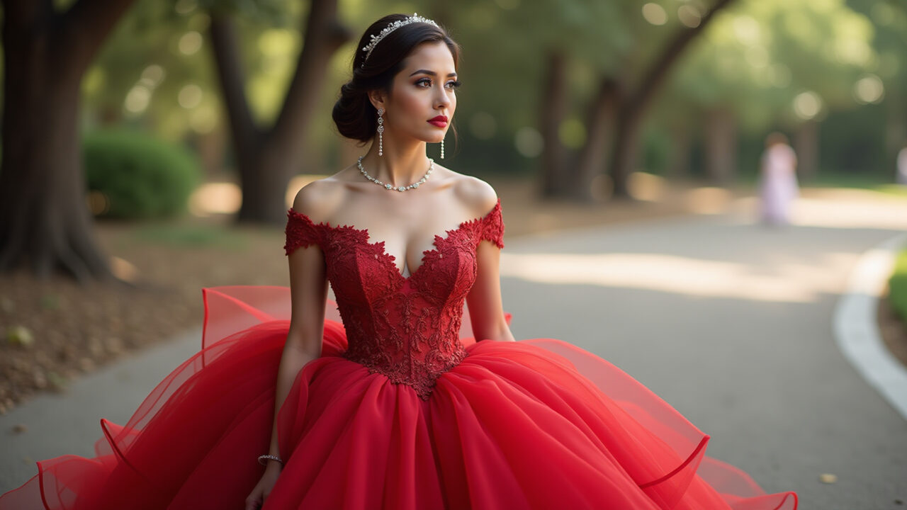 Noiva deslumbrante em vestido de casamento vermelho rendado.