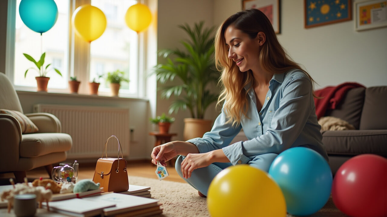A vibrant living room scene, Brazilian style, featuring an adult woman setting up a treasure hunt Mulher preparando caça ao tesouro em casa para o Dia das Crianças.