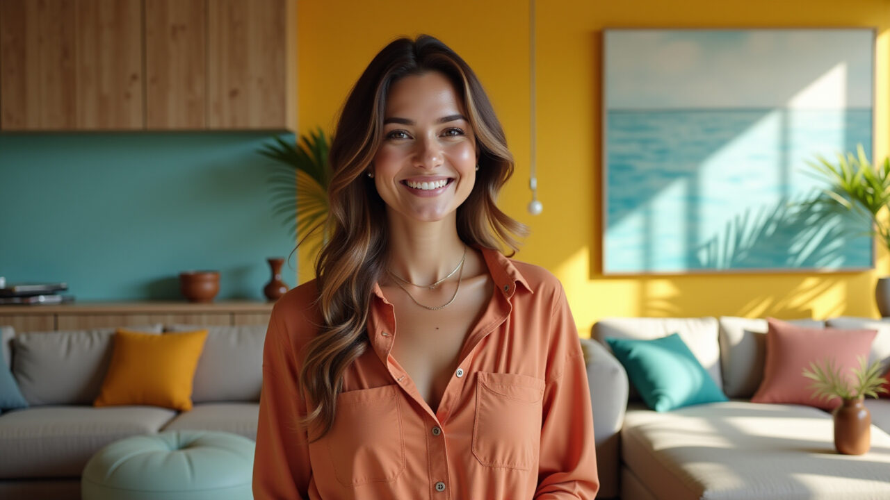Sala de estar colorida com cores neutras e vibrantes, estilo brasileiro.