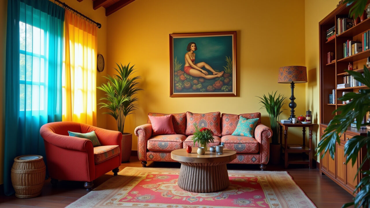 Sala de estar com detalhes coloridos em almofadas, cortinas e quadros.