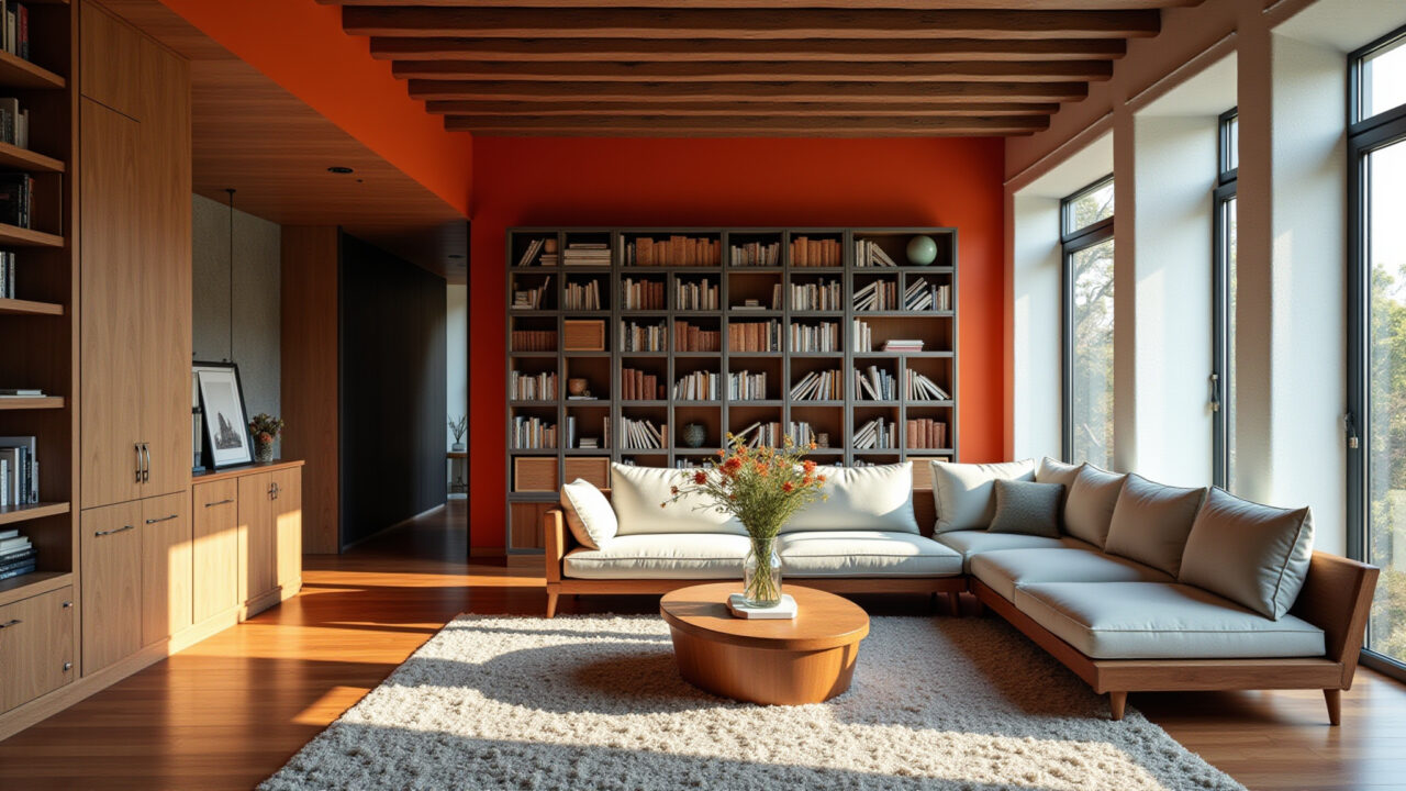 A vibrant loft interior, double-height ceiling, natural light, Brazilian design, showcasing tall Loft com pé direito duplo e estantes altas.