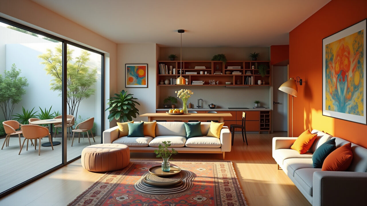 A vibrant, open-concept living room and kitchen in a Brazilian home, featuring colorful decor, Sala e cozinha integradas com design vibrante e iluminação natural.