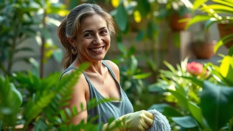 Mulher brasileira sorrindo enquanto limpa quintal ensolarado e cheio de plantas.