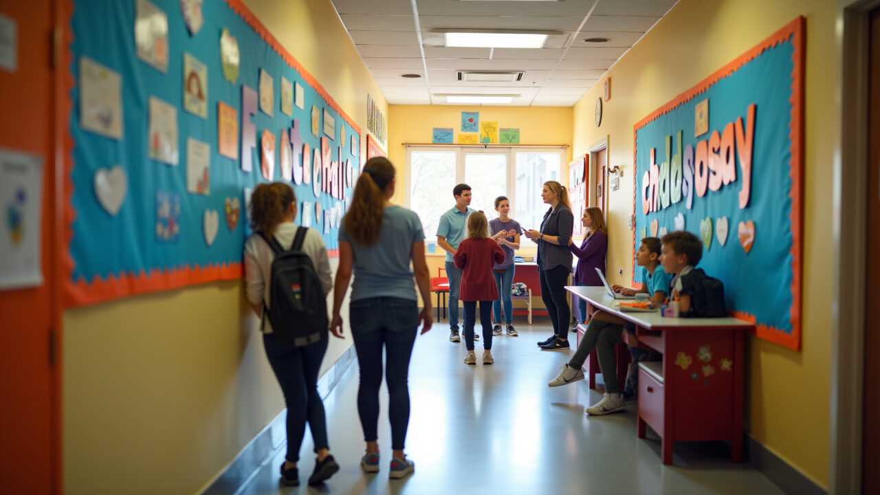 A vibrant school hallway decorated for Children's Day, featuring colorful banners, student artwork, Corredor escolar vibrante decorado para o Dia das Crianças.