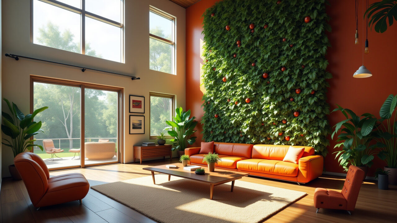 A vibrant, sunlit double-height living room featuring a lush vertical garden, Brazilian design Jardim vertical exuberante em sala de estar com pé direito duplo.