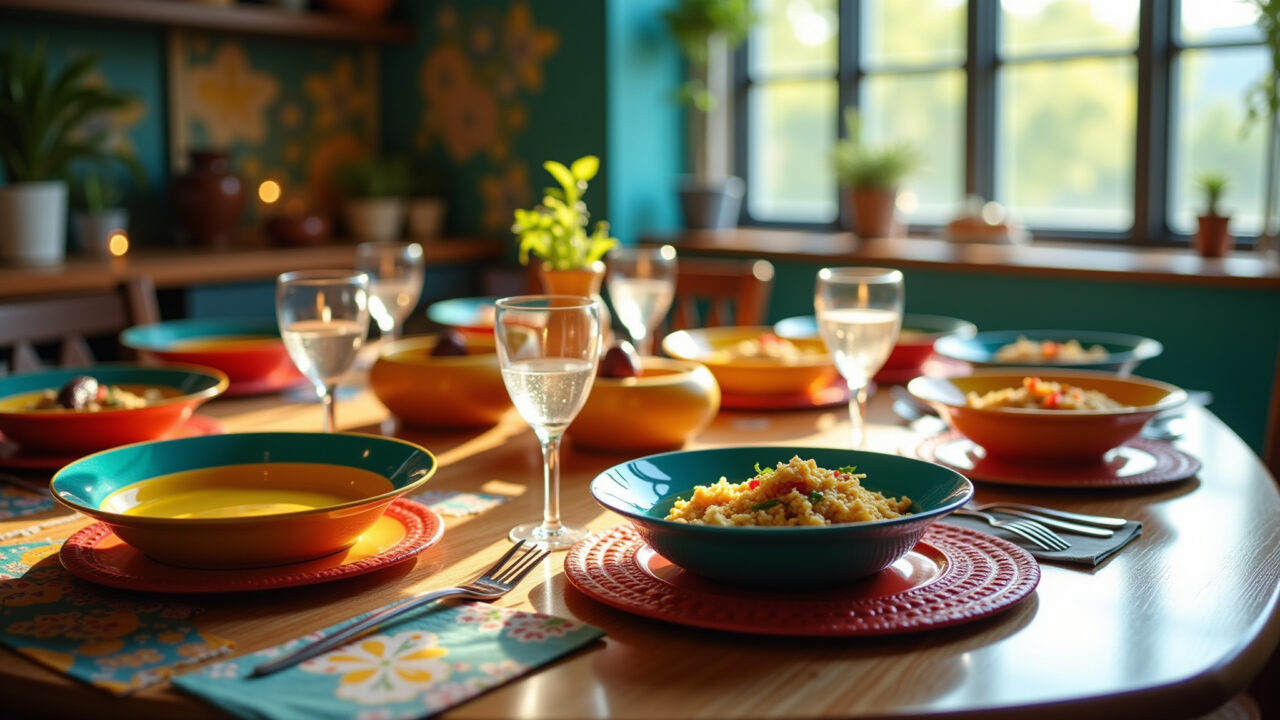 A vibrant table setting with colorful dinnerware, reflecting Brazilian culture, with natural light Mesa vibrante com aparelho de jantar colorido e cultura brasileira.